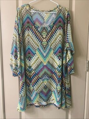Vibrant Geometric Print Tunic  - Blue & Green
